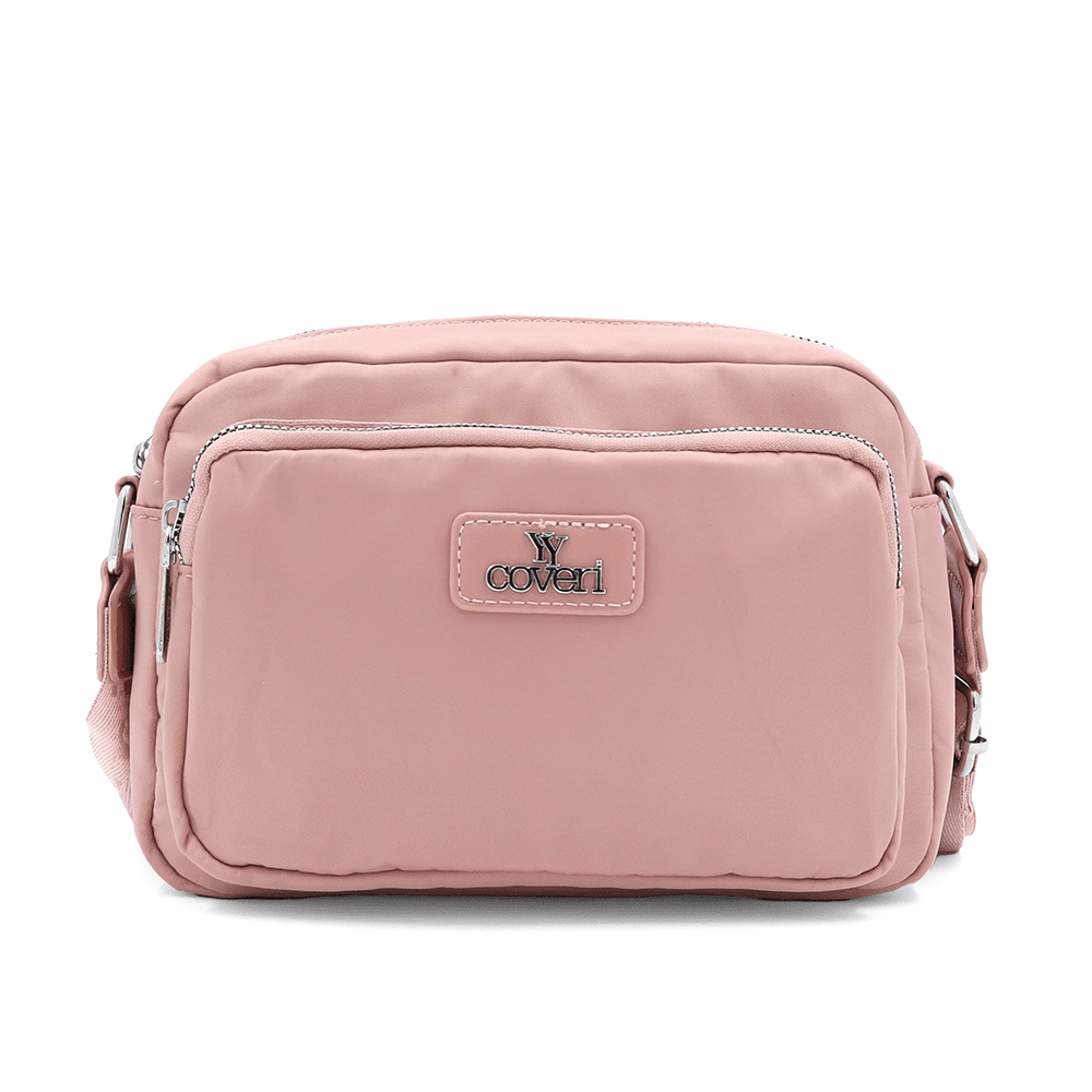 Női válltáska szövetből, lógó pénztárcával - rózsaszín