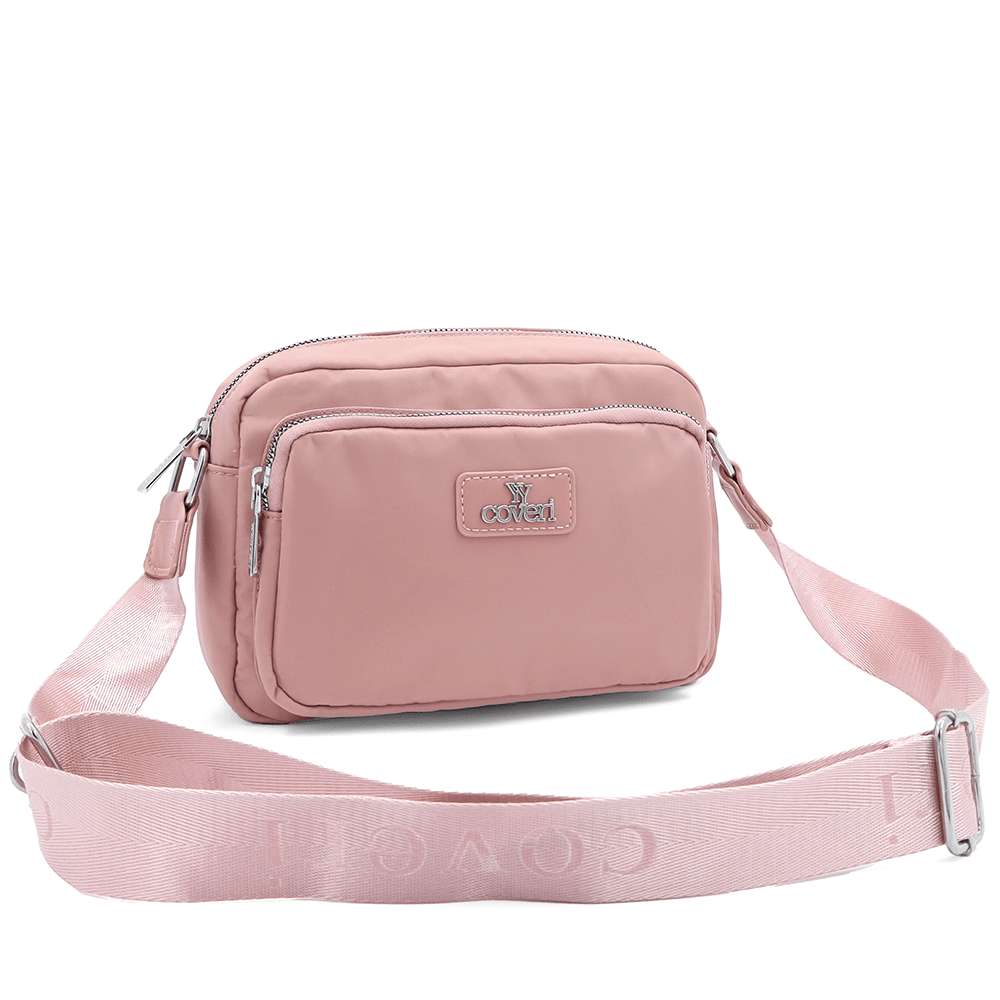 Női válltáska szövetből, lógó pénztárcával - rózsaszín