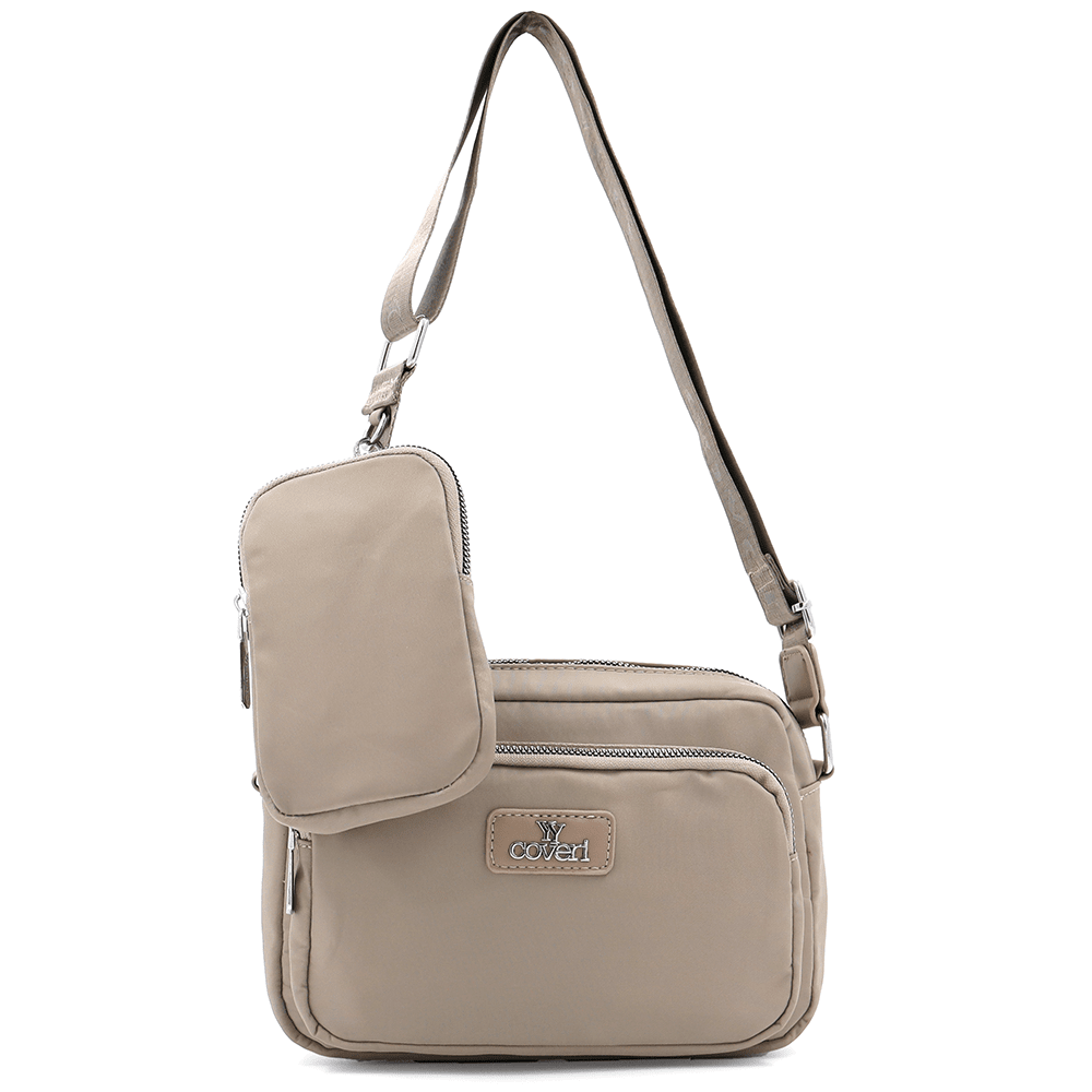 Női válltáska szövetből, függő pénztárcával - világosbarna