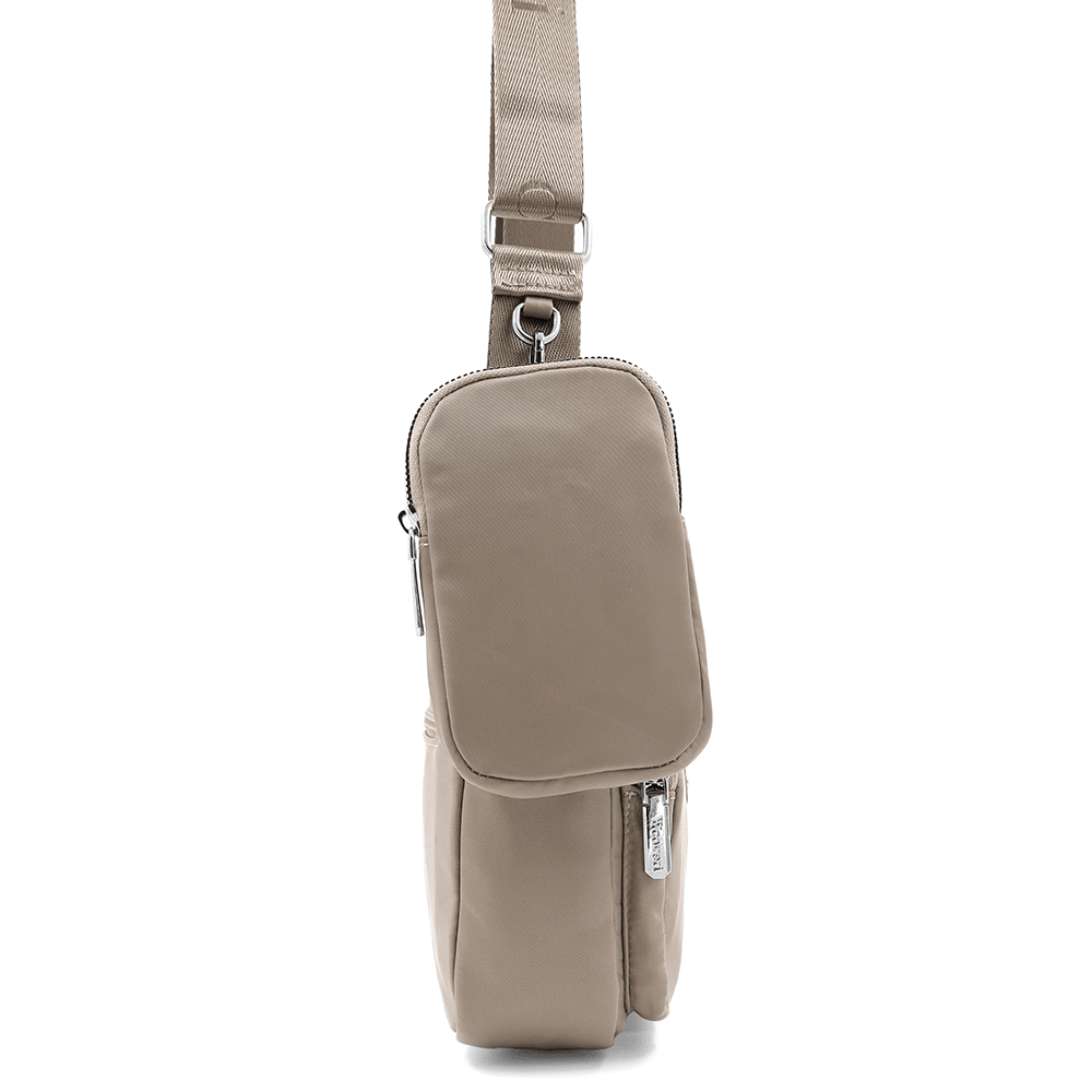 Női válltáska szövetből, függő pénztárcával - világosbarna