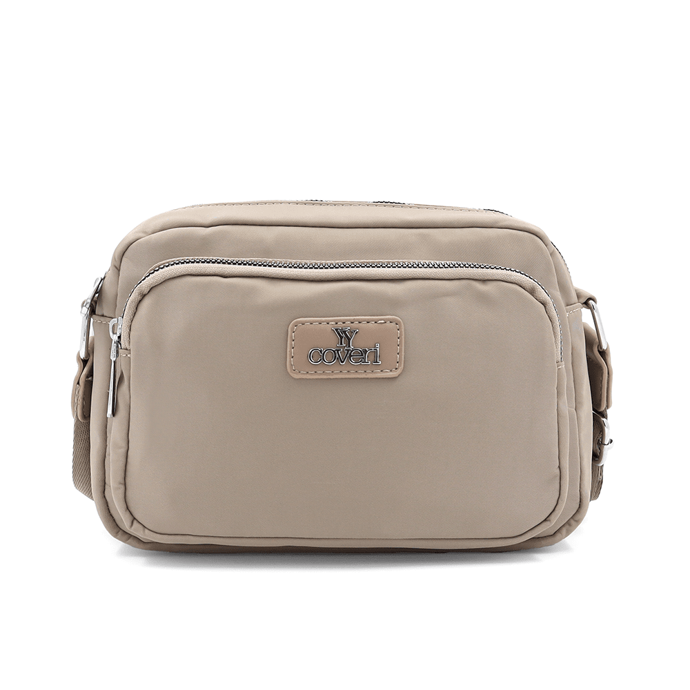 Női válltáska szövetből, függő pénztárcával - világosbarna