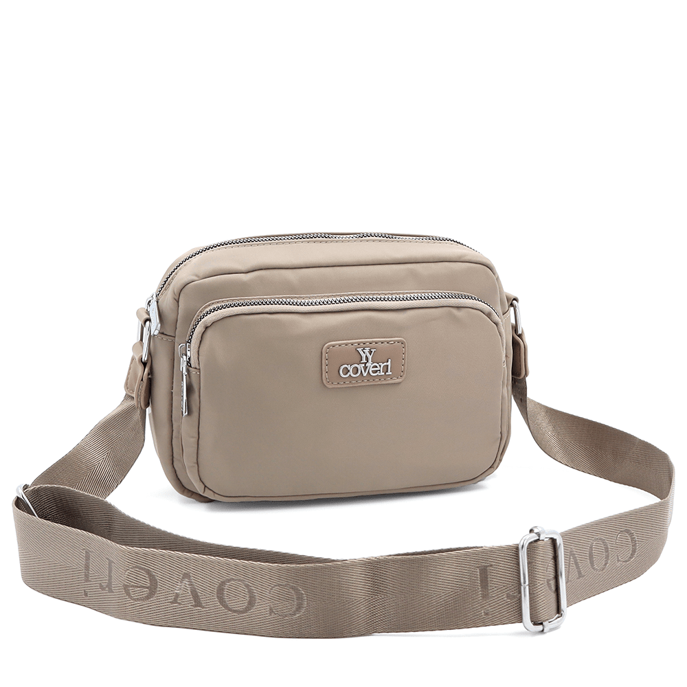 Női válltáska szövetből, függő pénztárcával - világosbarna