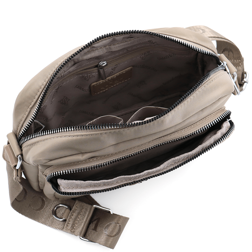 Női válltáska szövetből, függő pénztárcával - világosbarna