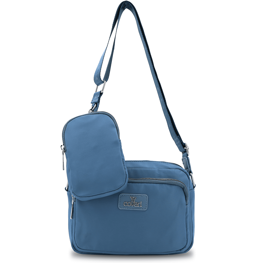 Női válltáska szövetből, lógó pénztárcával - kék