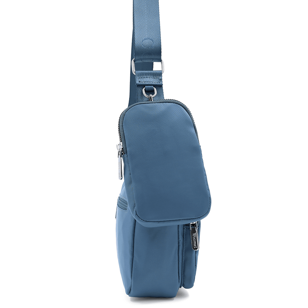 Női válltáska szövetből, lógó pénztárcával - kék