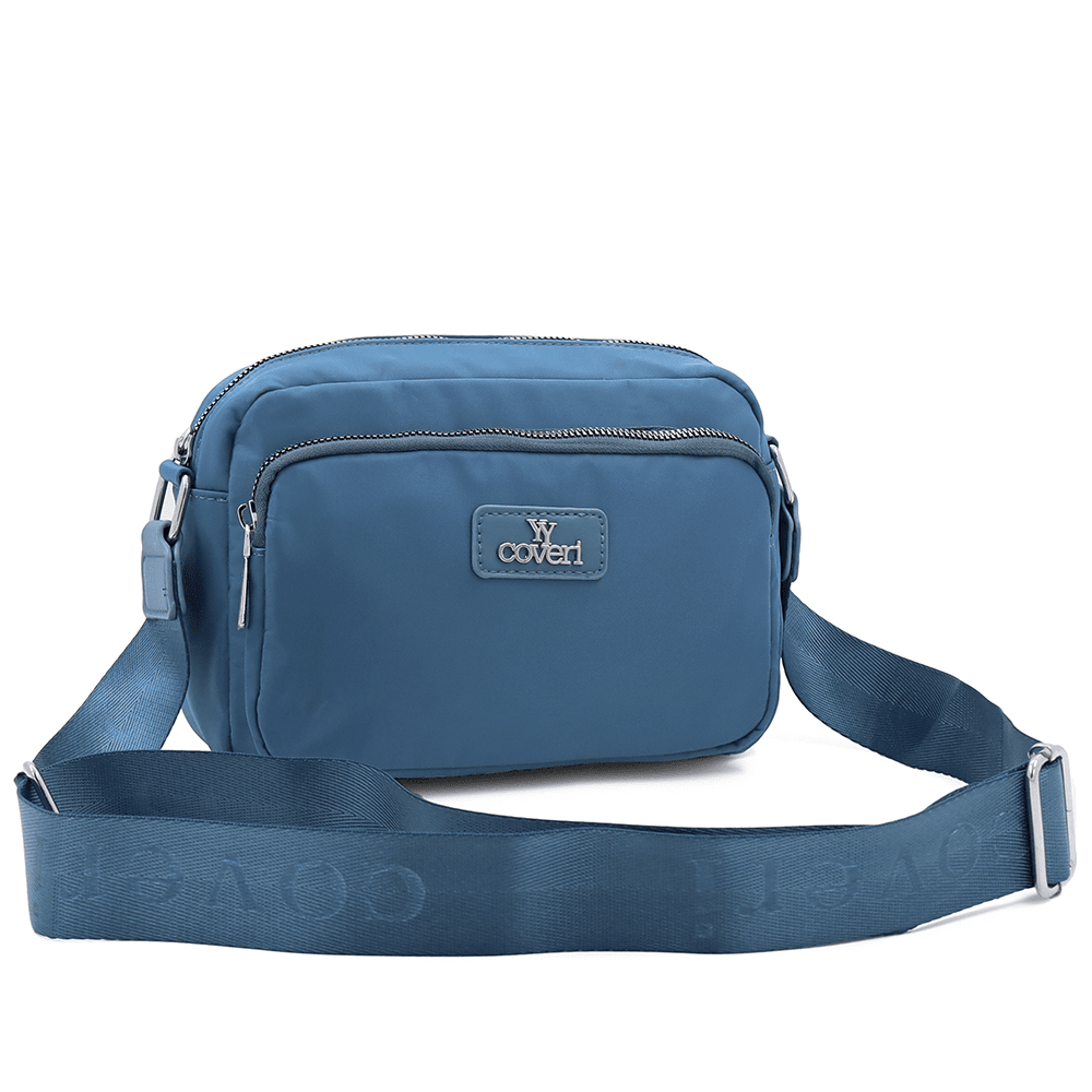 Női válltáska szövetből, lógó pénztárcával - kék