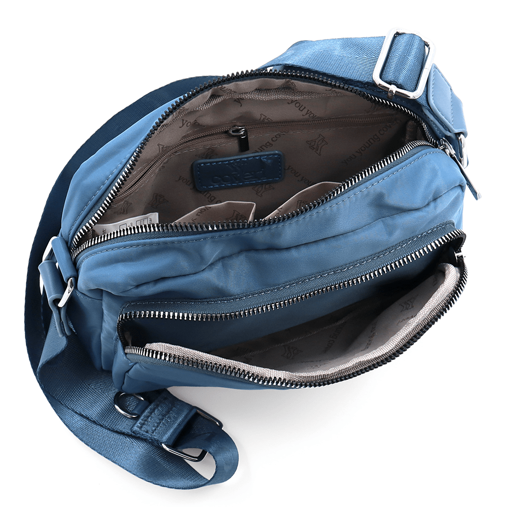 Női válltáska szövetből, lógó pénztárcával - kék