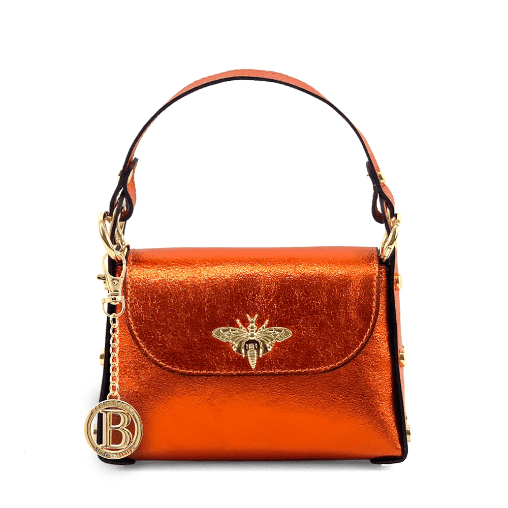 Női táska 2 fogantyúval, természetes bőrből, Alena - fémes narancssárga