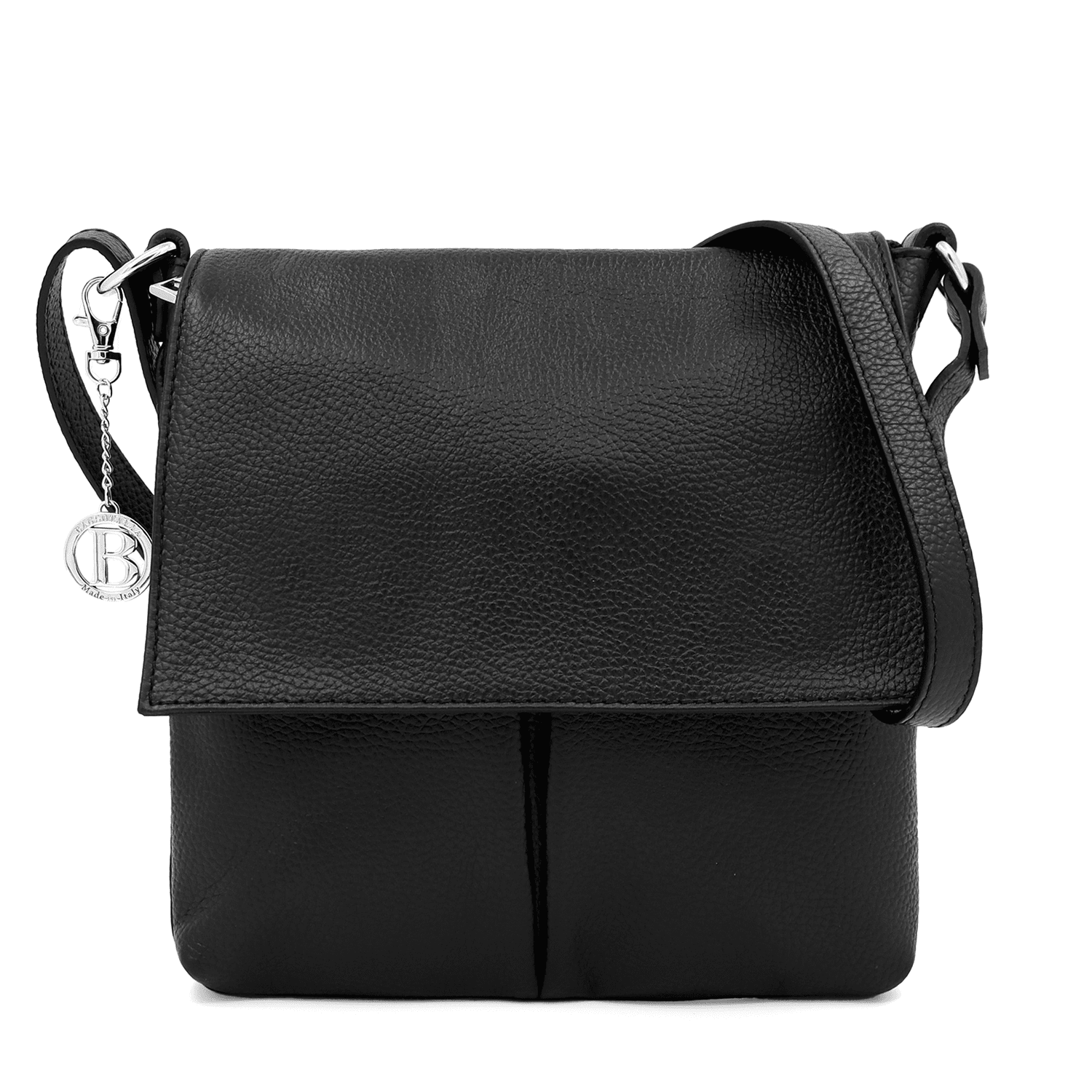 Válltáska természetes bőrből, sok zsebbel - fekete