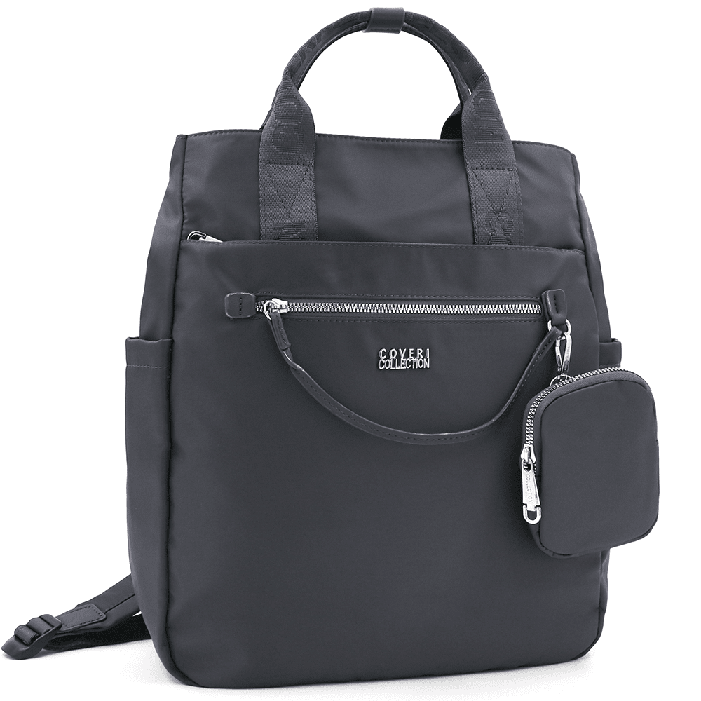 Női hátizsák szövetből, függő pénztárcával - szürke