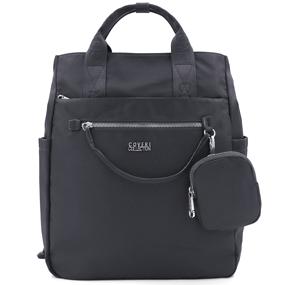 Női hátizsák szövetből, függő pénztárcával - szürke