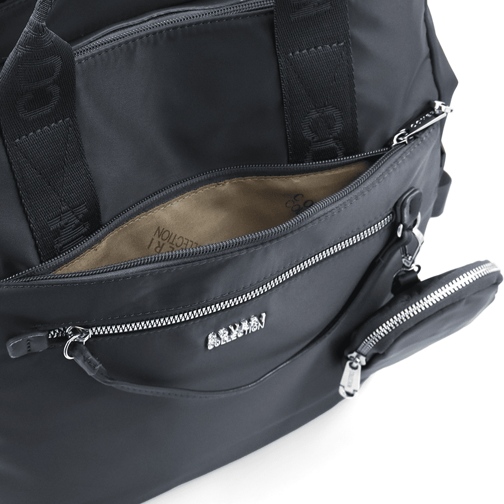 Női hátizsák szövetből, függő pénztárcával - szürke