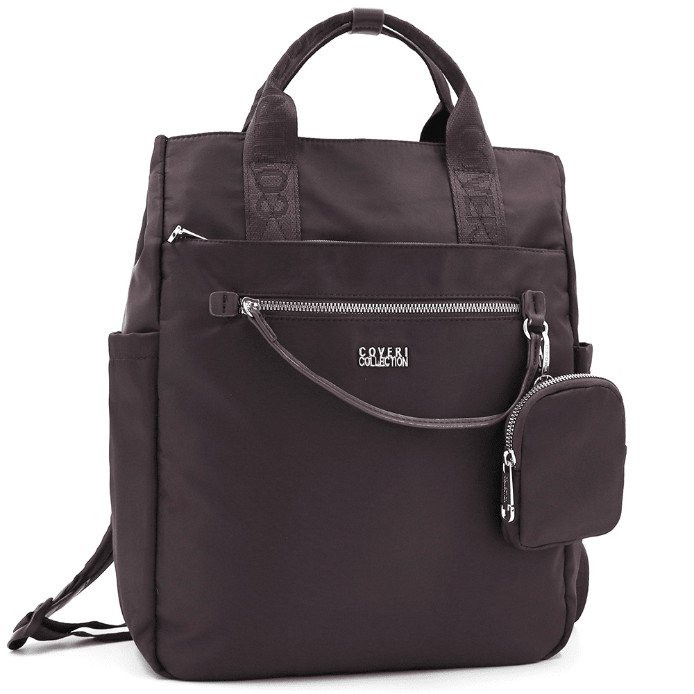 Női hátizsák szövetből, függő pénztárcával - sötétbarna