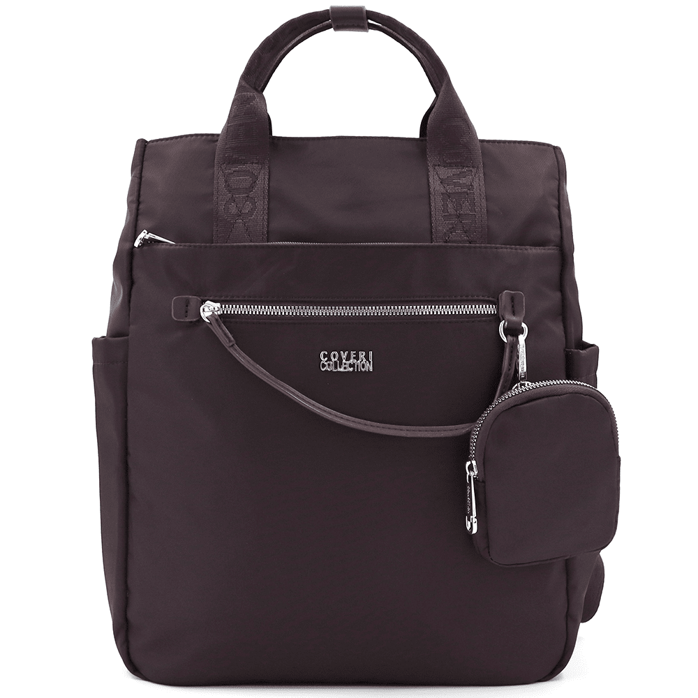 Női hátizsák szövetből, függő pénztárcával - sötétbarna