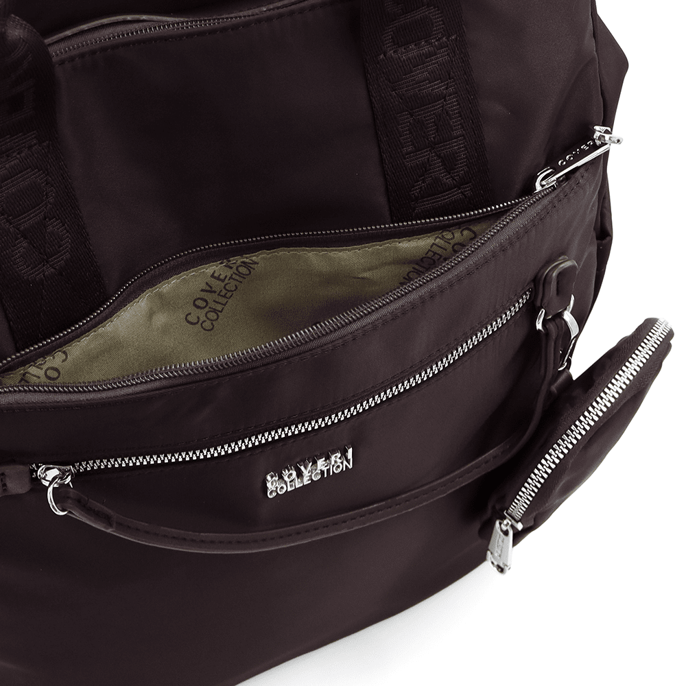 Női hátizsák szövetből, függő pénztárcával - sötétbarna