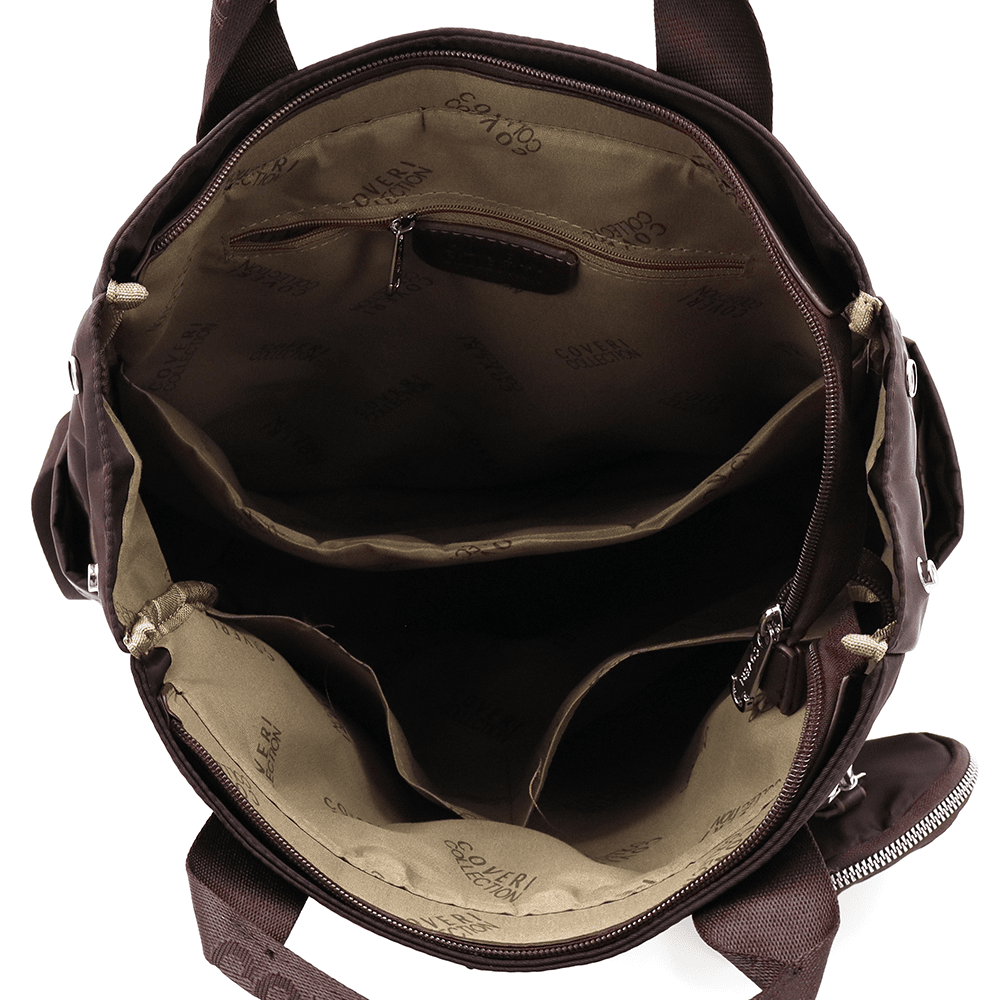 Női hátizsák szövetből, függő pénztárcával - sötétbarna