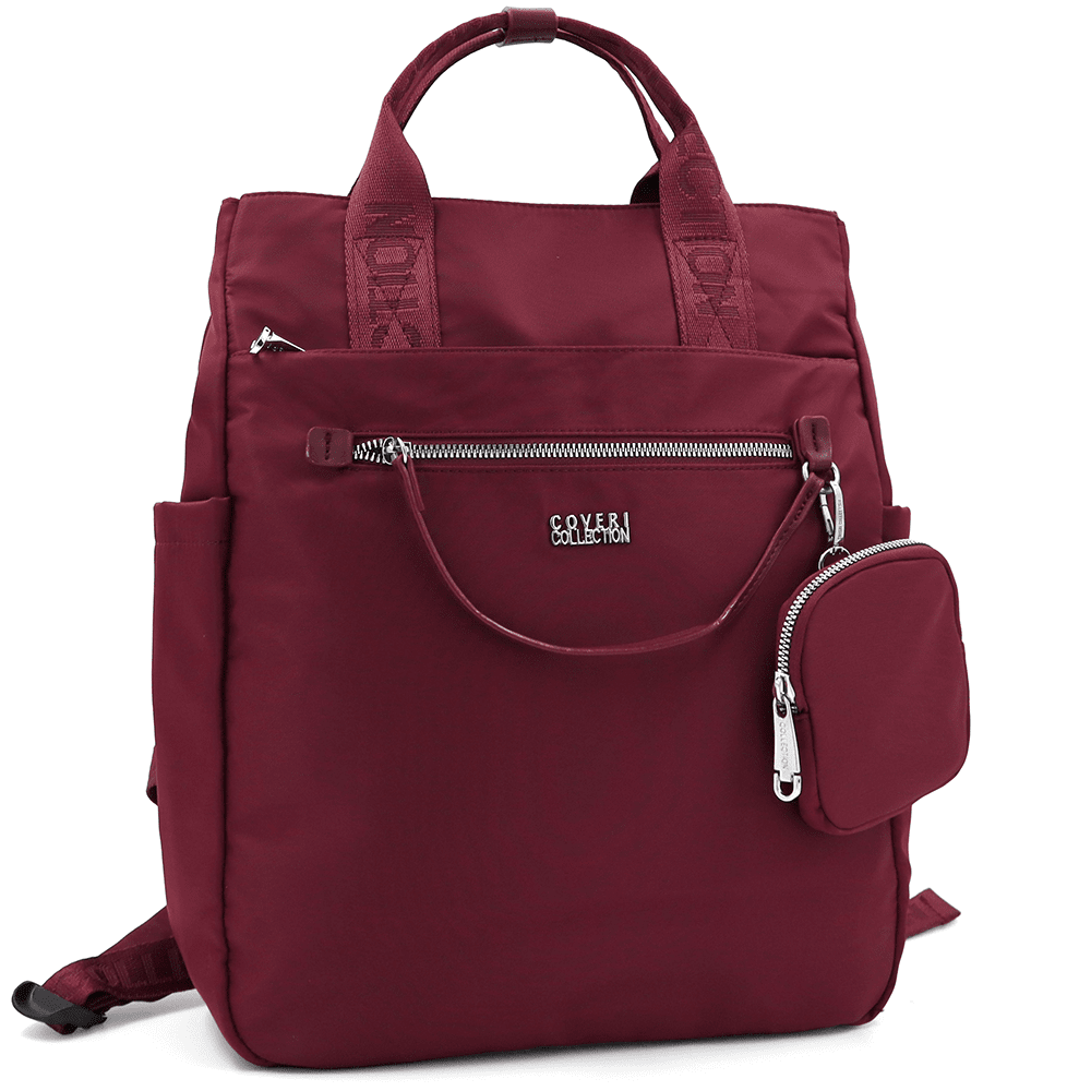 Női hátizsák szövetből, lógó pénztárcával - bordó