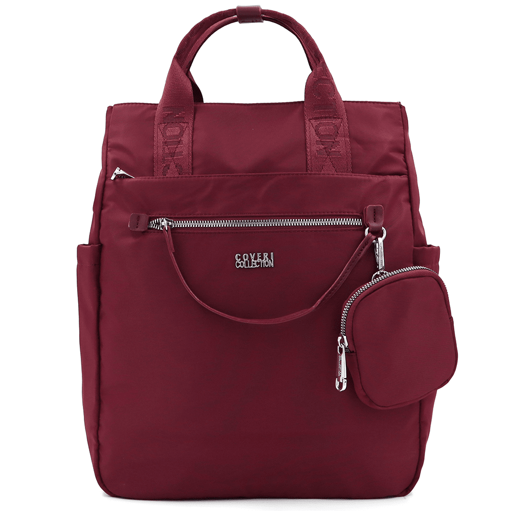 Női hátizsák szövetből, lógó pénztárcával - bordó