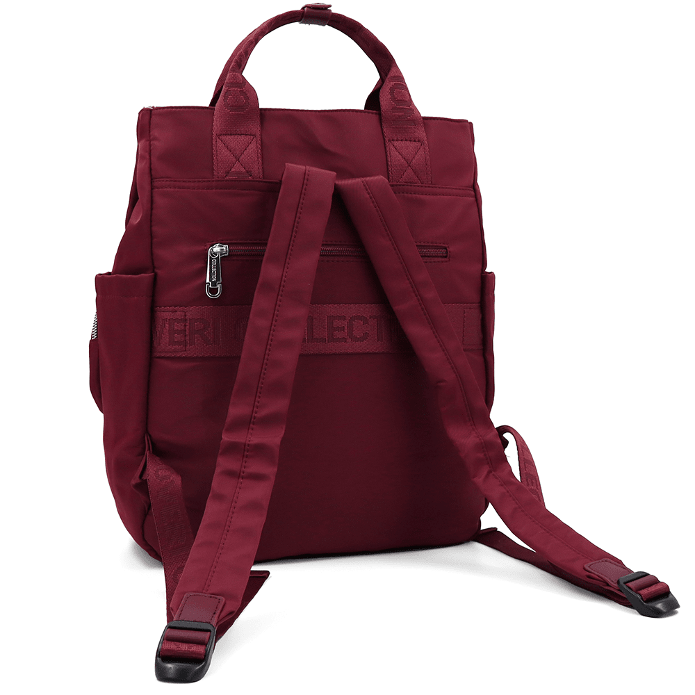 Női hátizsák szövetből, lógó pénztárcával - bordó