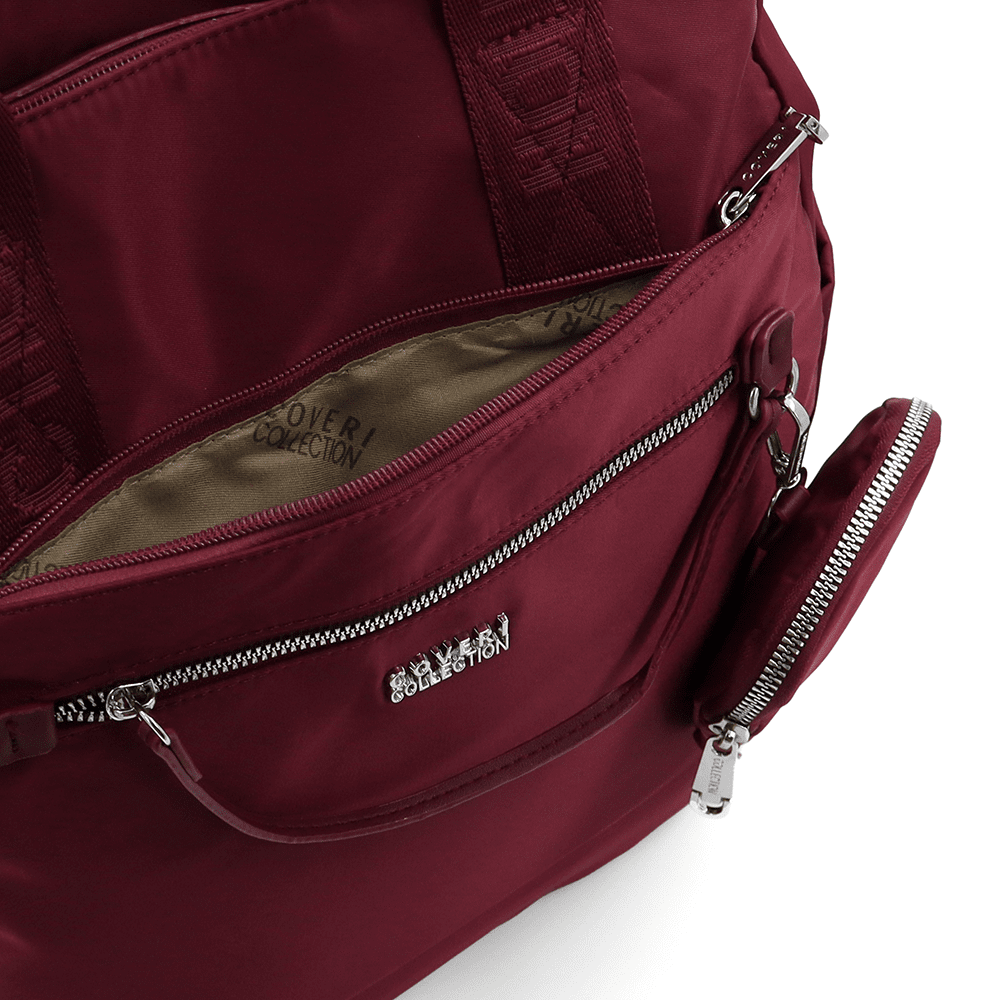 Női hátizsák szövetből, lógó pénztárcával - bordó