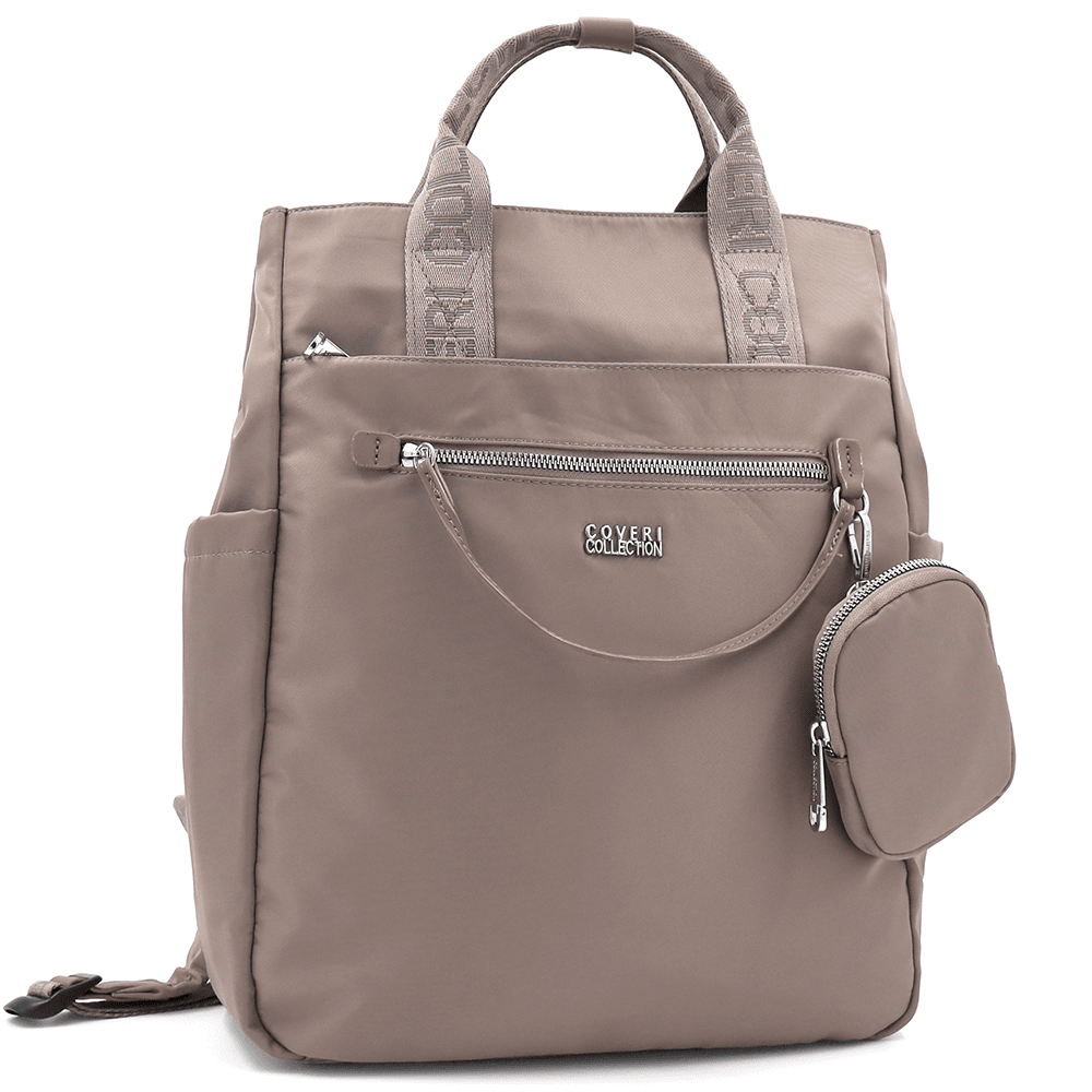 Női hátizsák szövetből, lógó pénztárcával - barna