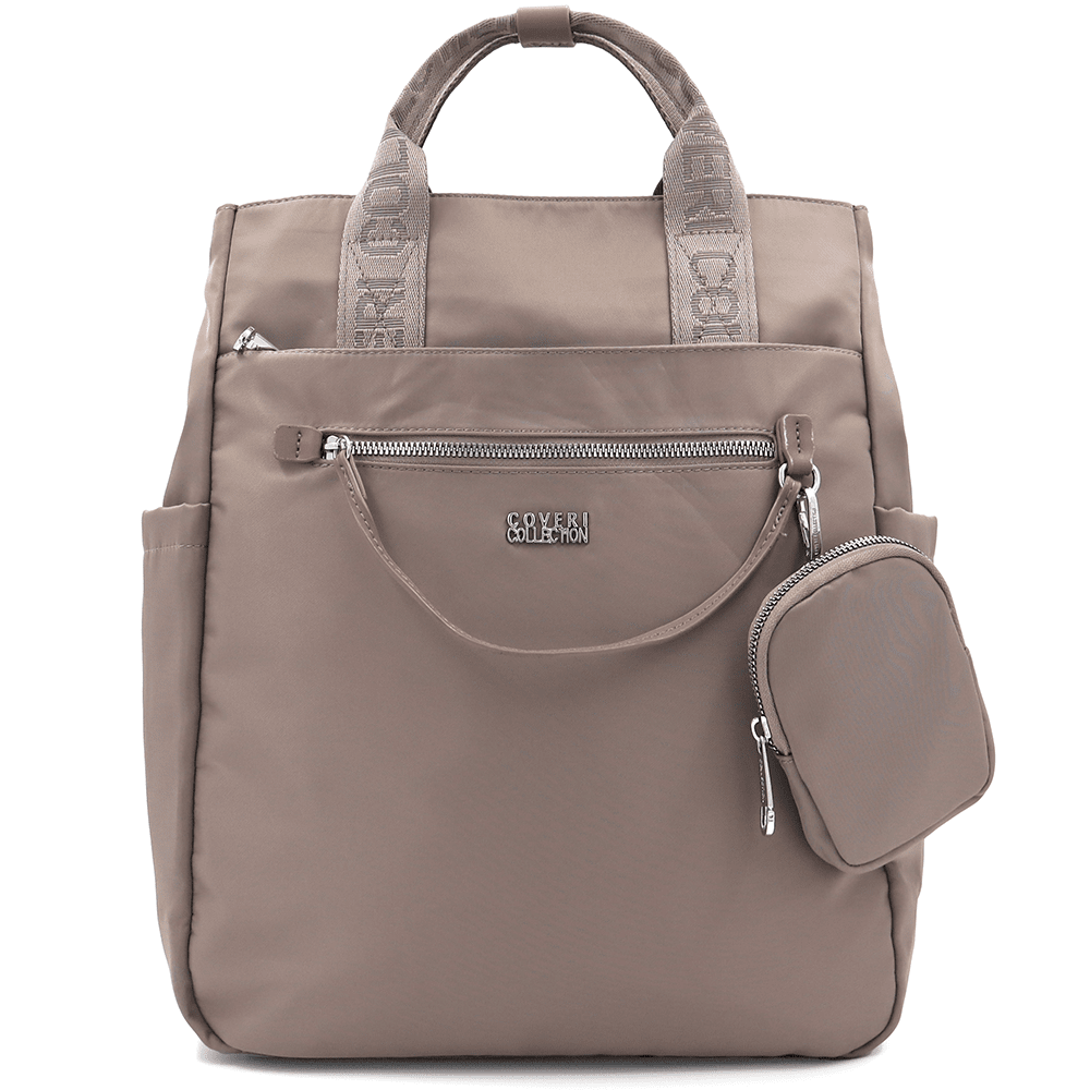 Női hátizsák szövetből, lógó pénztárcával - barna