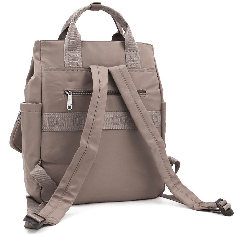 Női hátizsák szövetből, lógó pénztárcával - barna