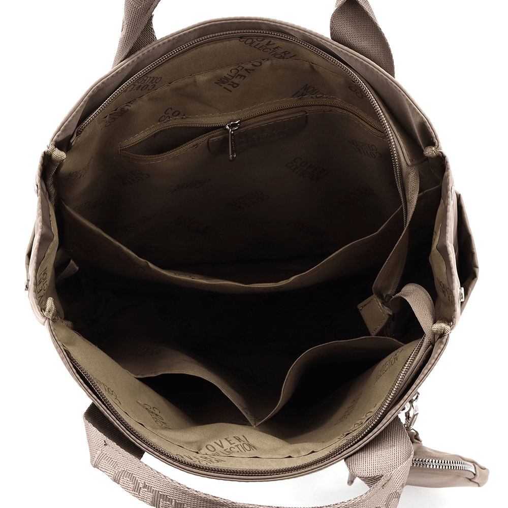 Női hátizsák szövetből, lógó pénztárcával - barna