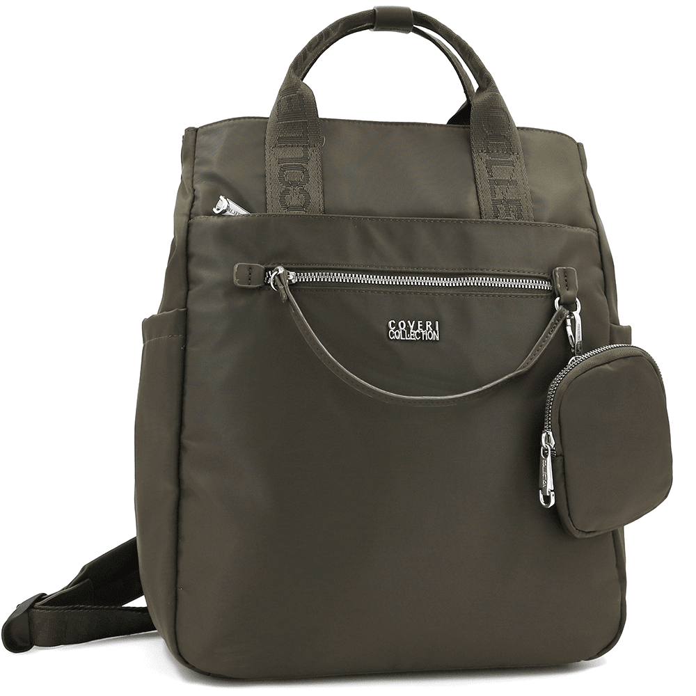 Női hátizsák szövetből, függő pénztárcával - sötétzöld