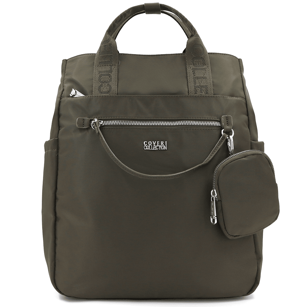 Női hátizsák szövetből, függő pénztárcával - sötétzöld