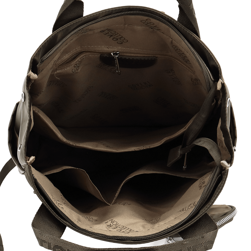 Női hátizsák szövetből, függő pénztárcával - sötétzöld