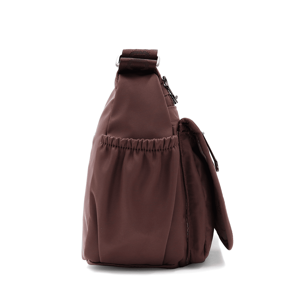 Női válltáska szövetből, sok zsebbel - sötétbarna