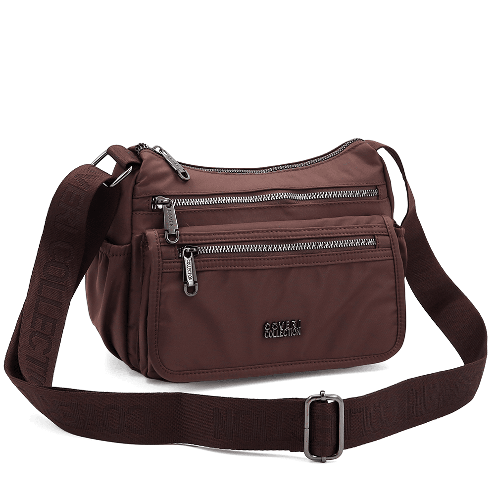 Női válltáska szövetből, sok zsebbel - sötétbarna