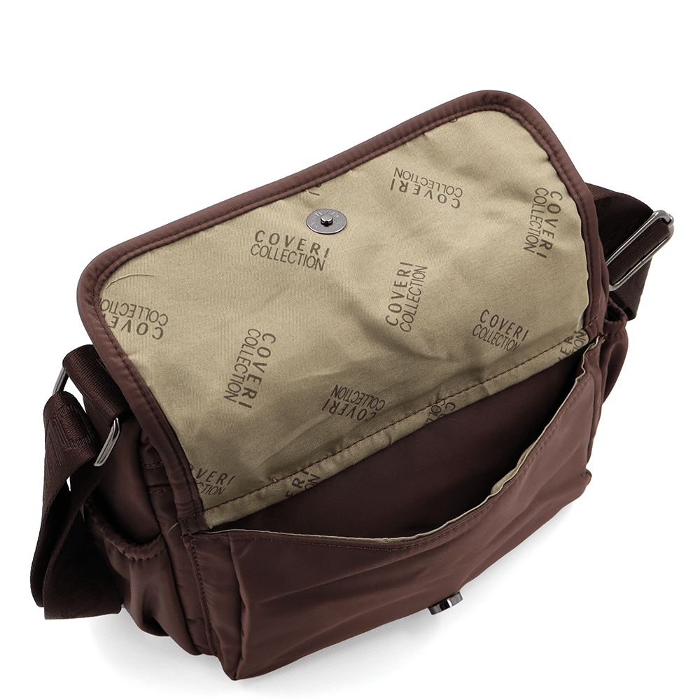 Női válltáska szövetből, sok zsebbel - sötétbarna