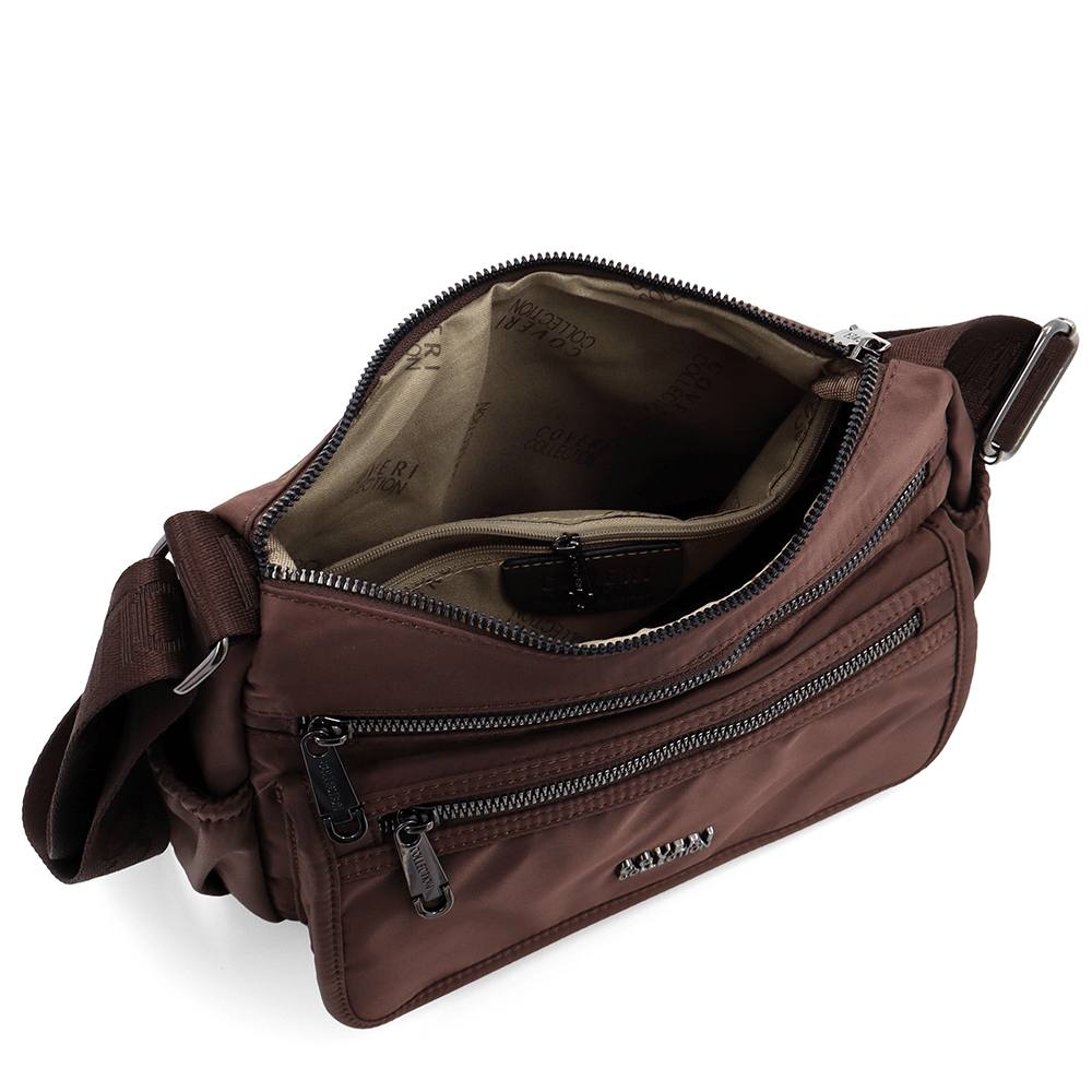 Női válltáska szövetből, sok zsebbel - sötétbarna