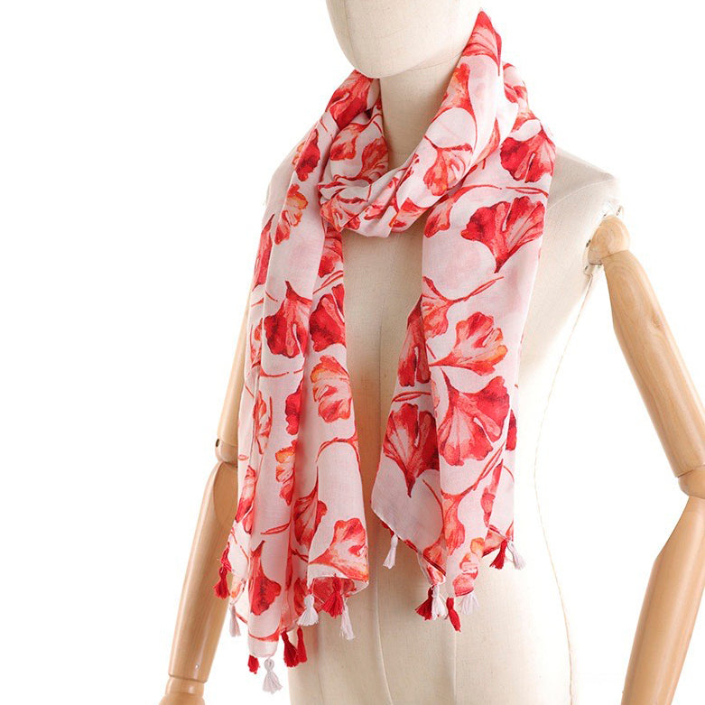 Nyári sál akvarell levelek nyomtatással - piros