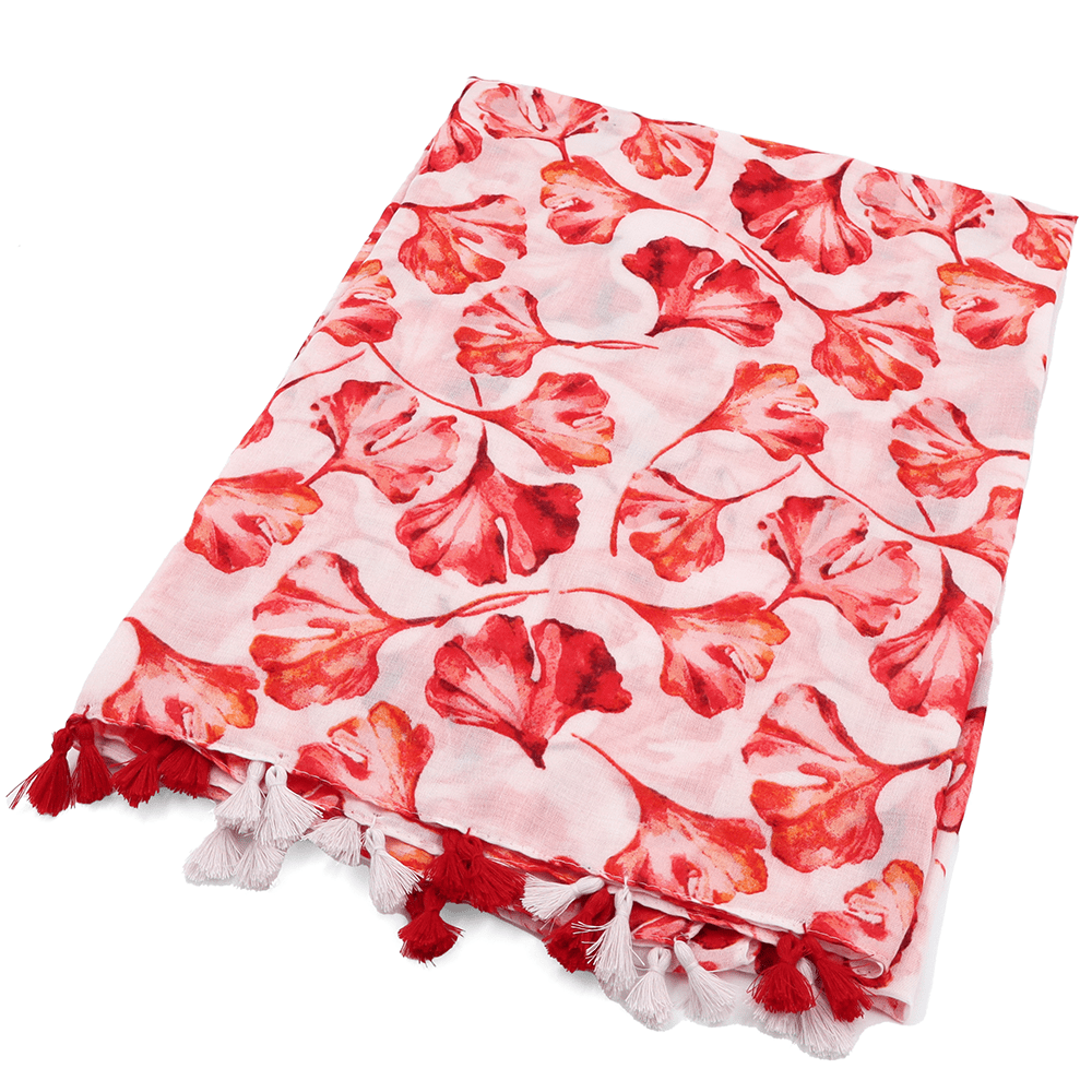 Nyári sál akvarell levelek nyomtatással - piros