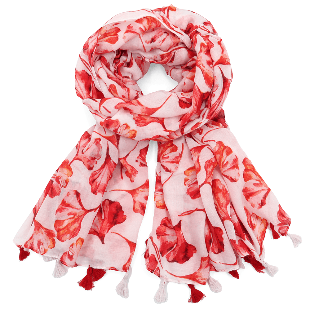 Nyári sál akvarell levelek nyomtatással - piros