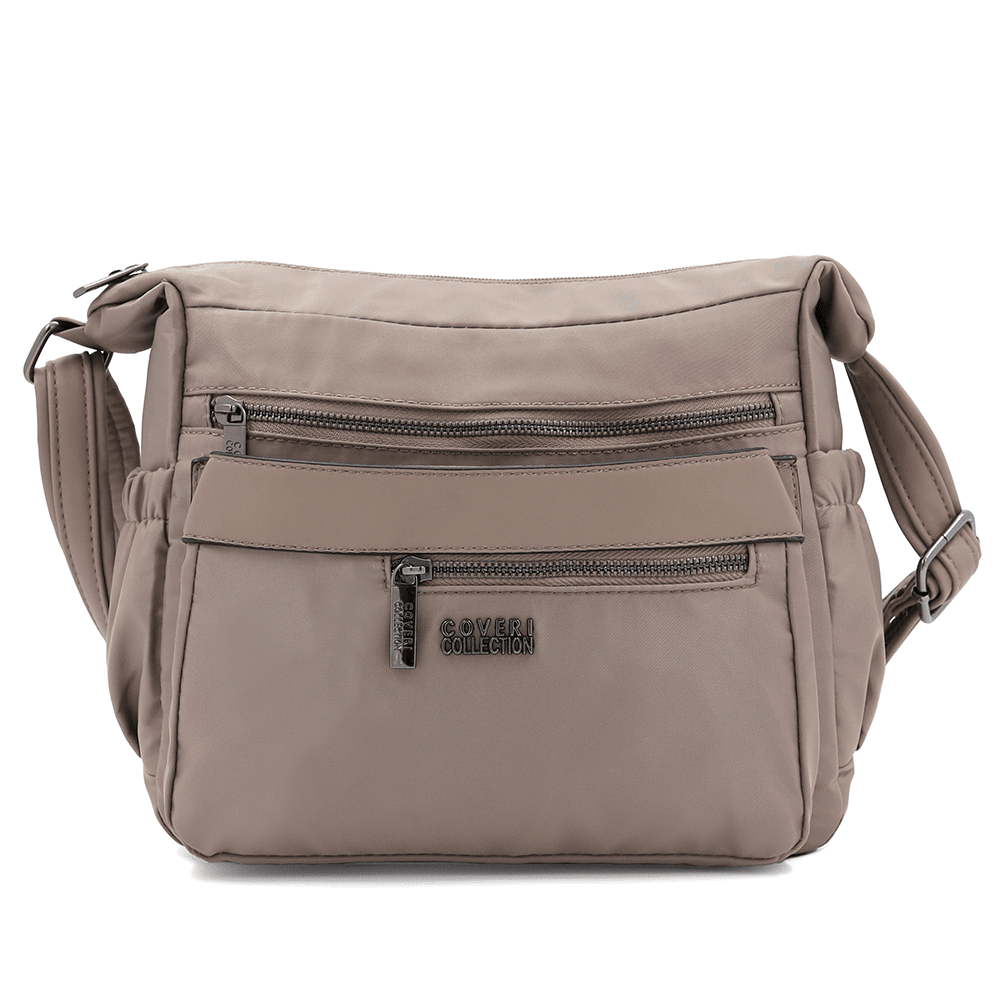 Női válltáska szövetből, sok zsebbel - világosbarna