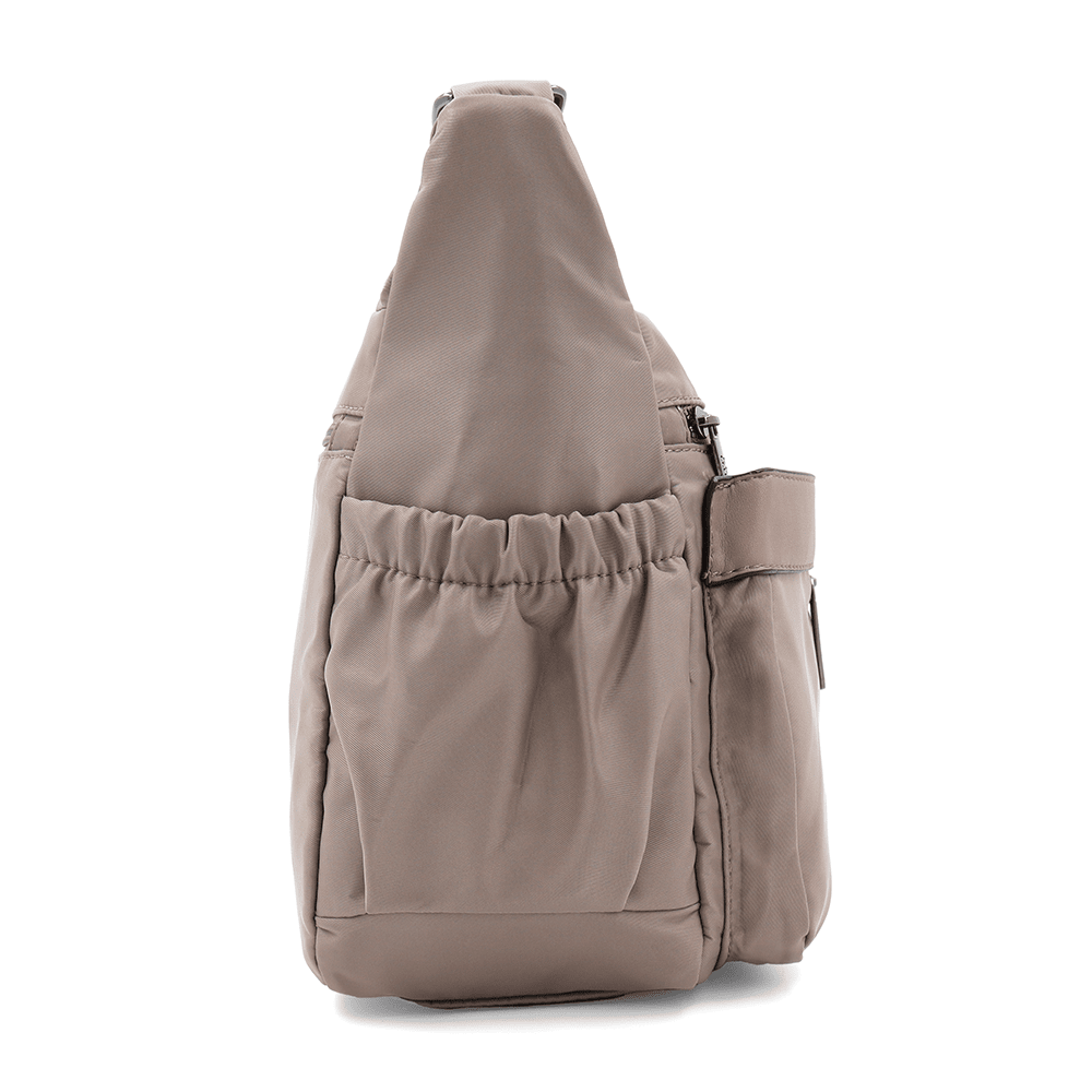 Női válltáska szövetből, sok zsebbel - világosbarna