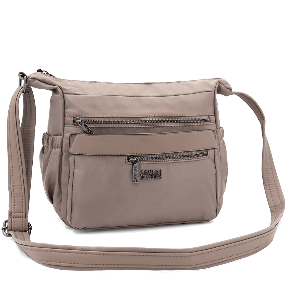 Női válltáska szövetből, sok zsebbel - világosbarna