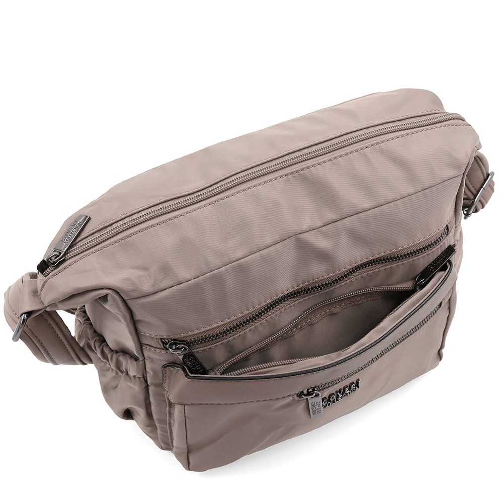 Női válltáska szövetből, sok zsebbel - világosbarna