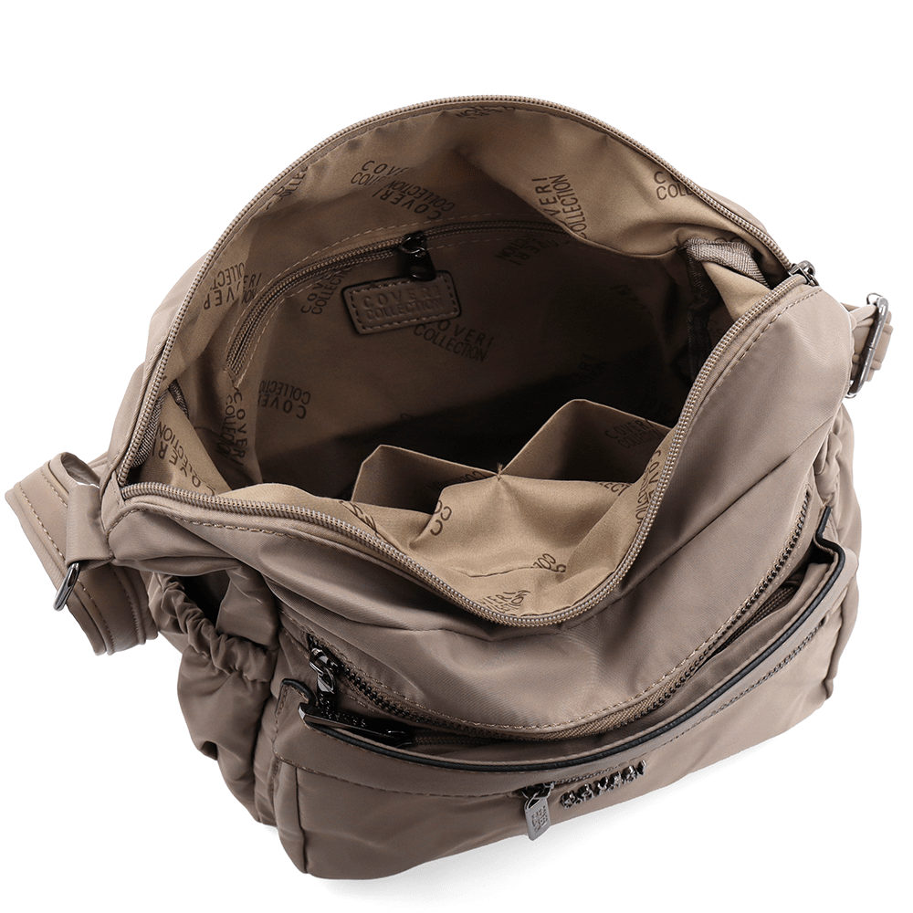 Női válltáska szövetből, sok zsebbel - világosbarna