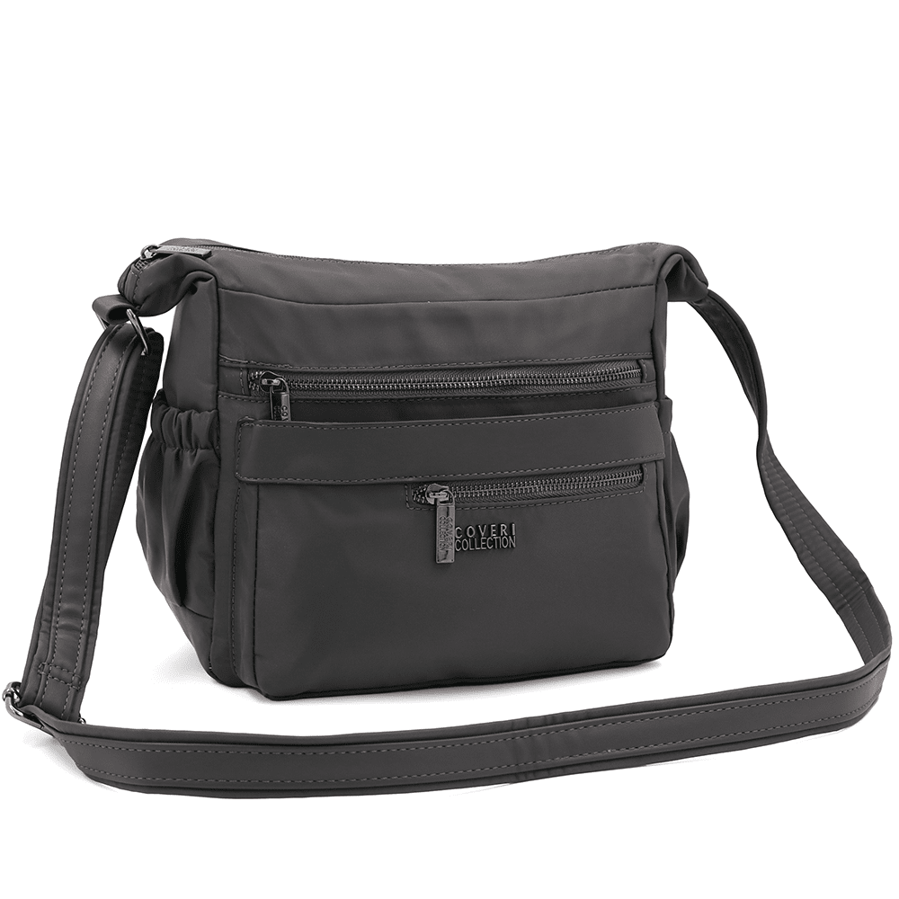 Női válltáska szövetből, sok zsebbel - sötét szürke