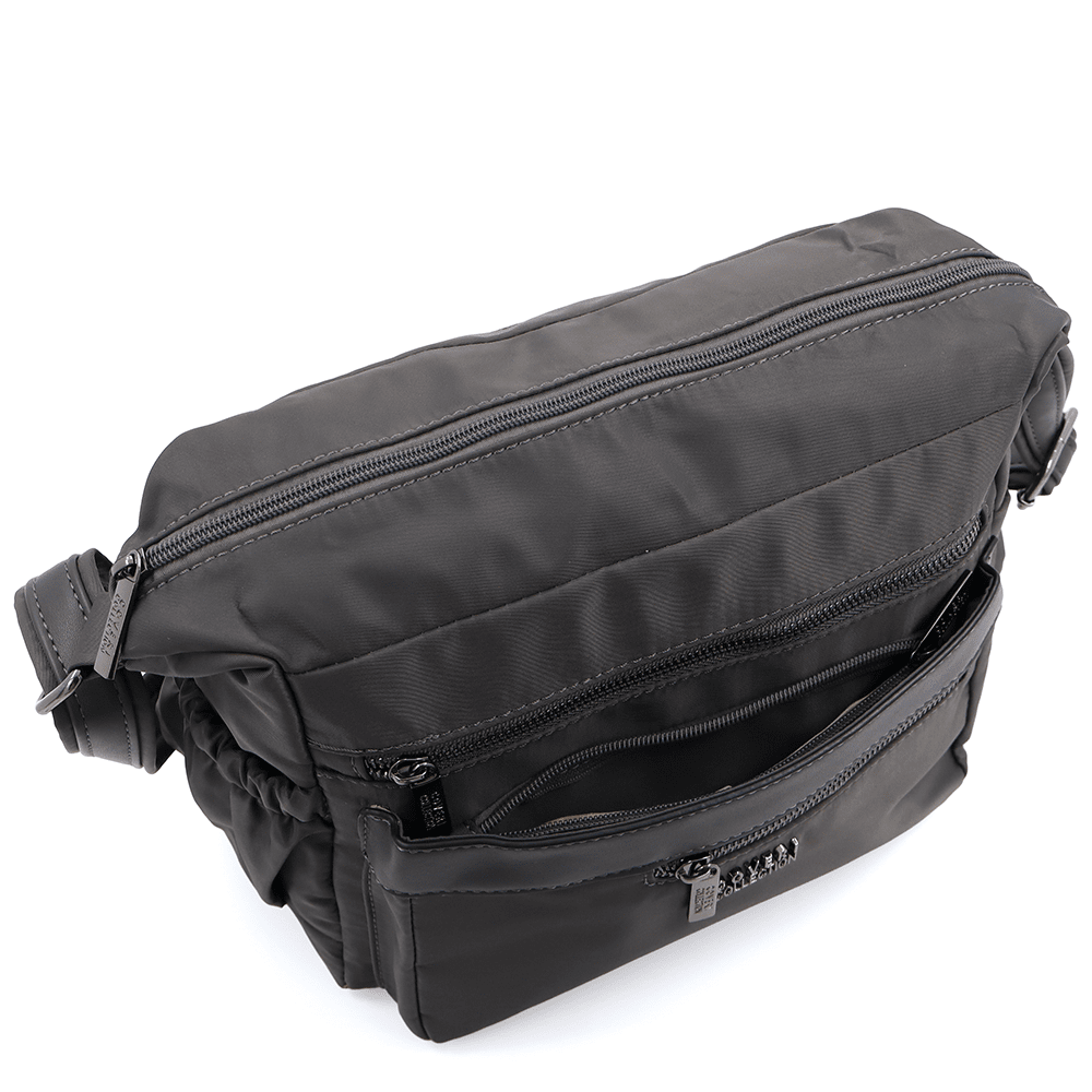 Női válltáska szövetből, sok zsebbel - sötét szürke