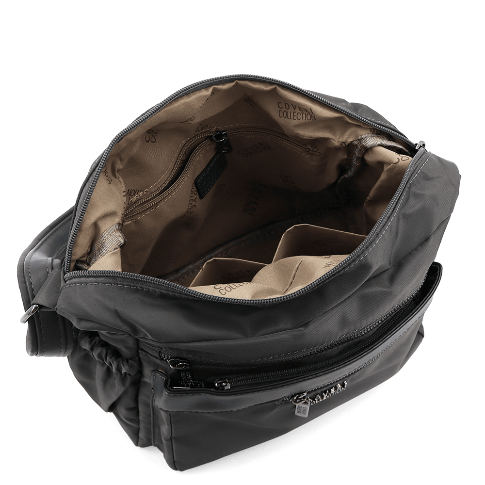 Női válltáska szövetből, sok zsebbel - sötét szürke