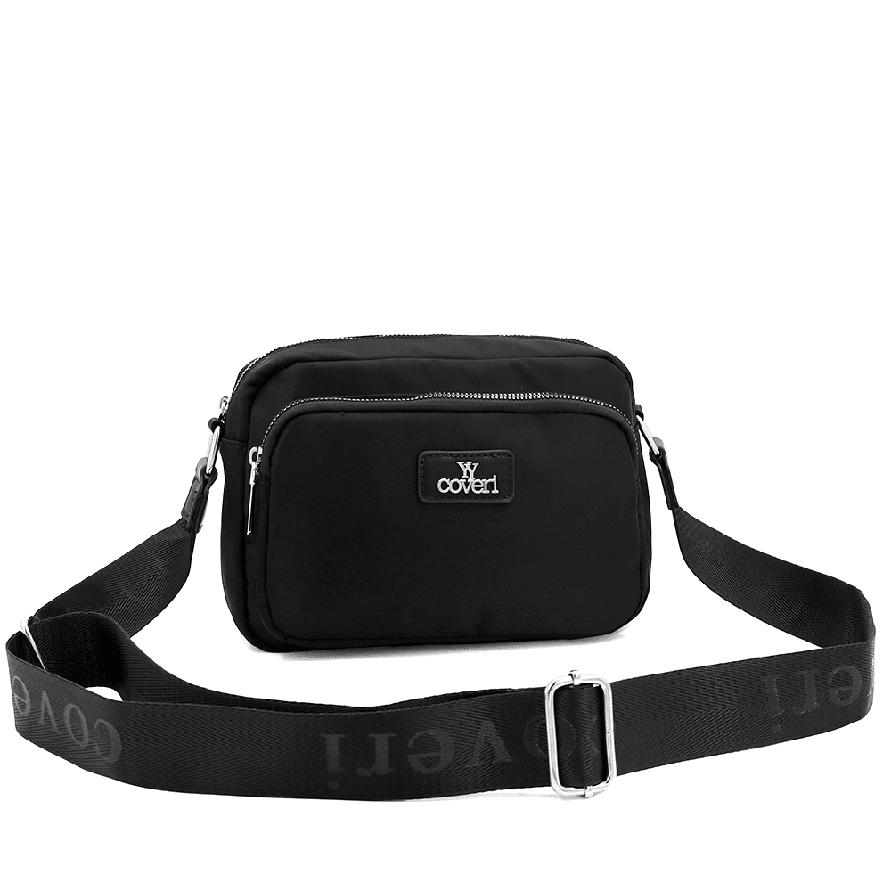 Női válltáska szövetből, lógó pénztárcával - fekete