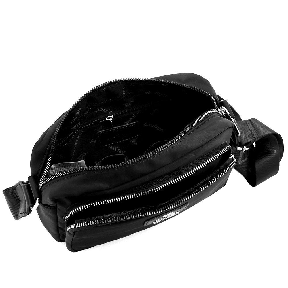 Női válltáska szövetből, lógó pénztárcával - fekete