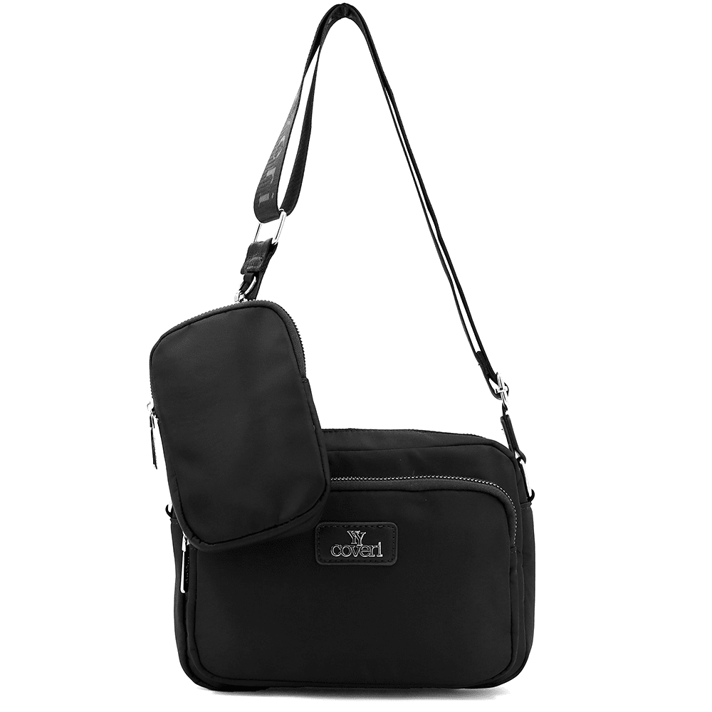 Női válltáska szövetből, lógó pénztárcával - fekete