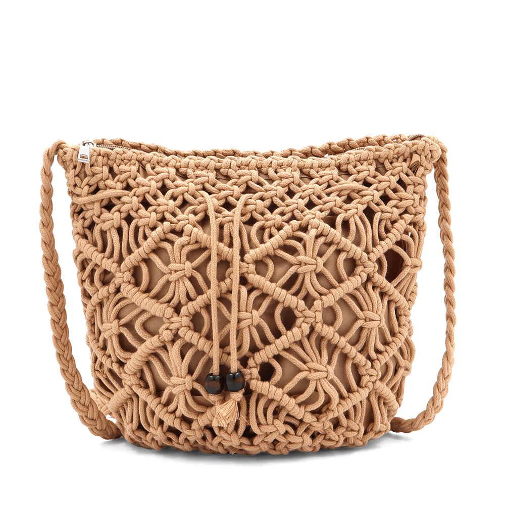 Női válltáska pamut makraméból - világosbarna